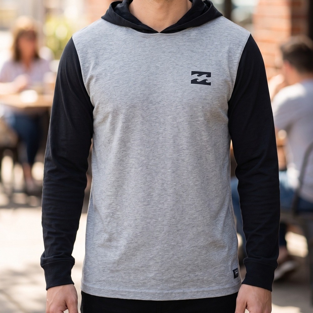 Billabong Mens Long Sleeve Hooded T-Shirt Grey Black Colorblock Surf Tee L